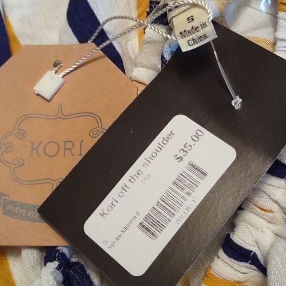 New Kori America Size S Festive Boho Top Navy Gold Stripe Fringe Ruffle Neckline - Picture 9 of 9